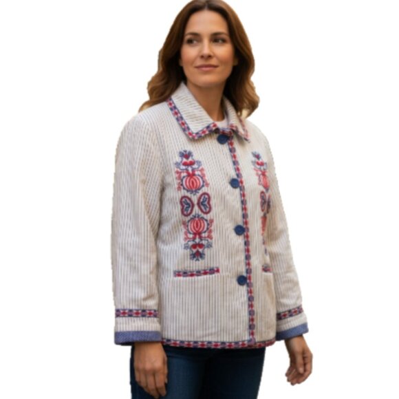 Max Studio London Natalie Jacket Women’s Size L Blue Red Cream Embroidered Dots - Picture 2 of 16